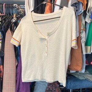 Madewell Cream Knit Button-Up Tee with Striped Sleeves